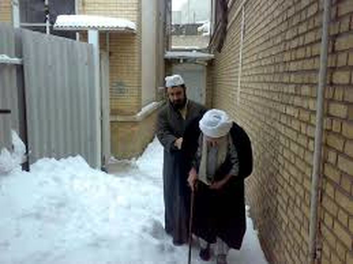 آیت‌الله بهجت در یک روز برفی/عکس