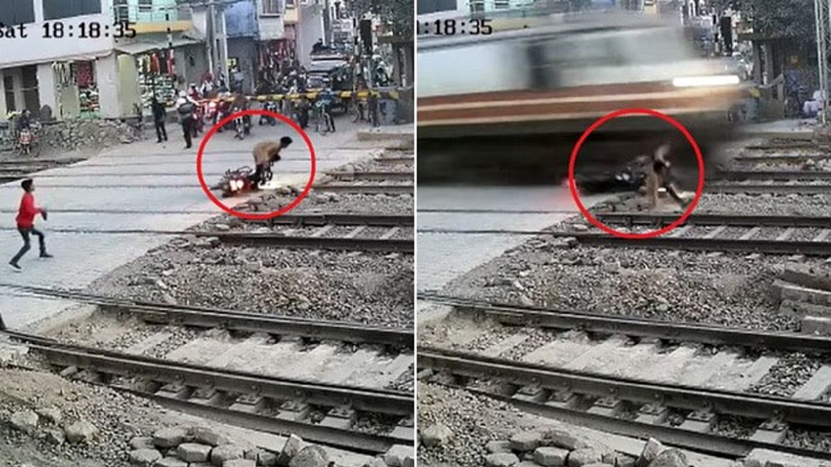 فرار موتورسوار از مقابل قطار تندرو در آخرین لحظه +فیلم