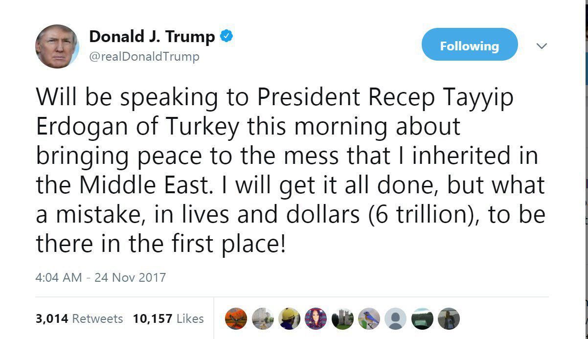توییت ترامپ درباره گفتگو با اردوغان +عکس