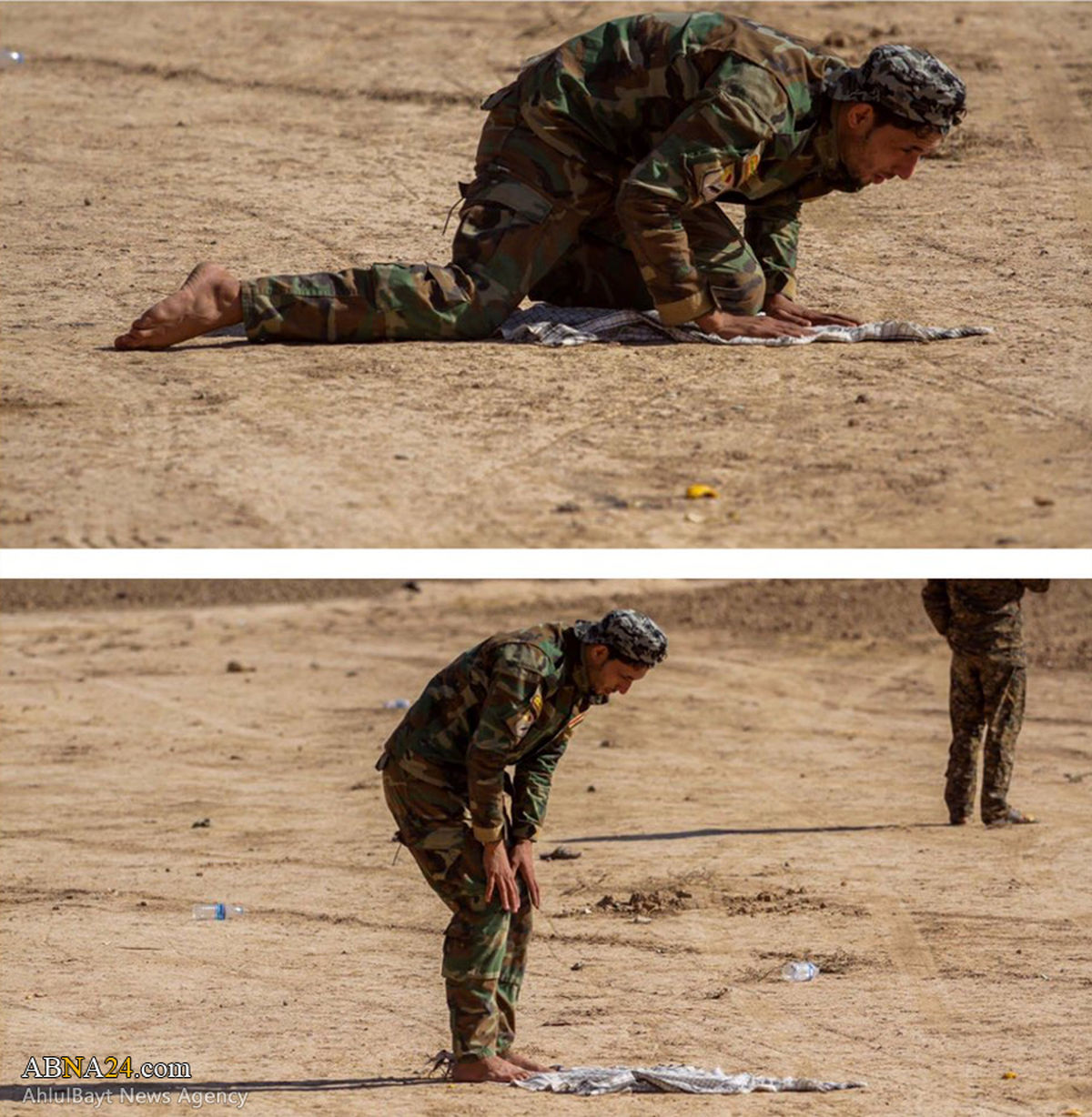 عکس: نماز رزمنده مجروح در میدان جنگ