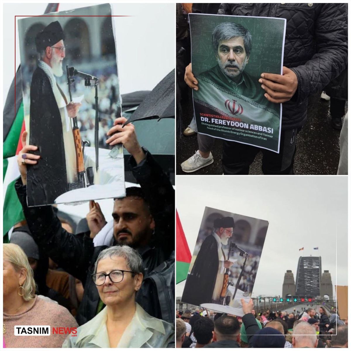 عکس رهبر انقلاب و شهید عباسی در دست تظاهرکنندگان در استرالیا