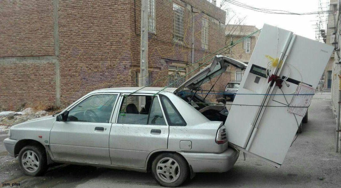 حمل یخچال دو قلو با پراید سوژه شد! +عکس