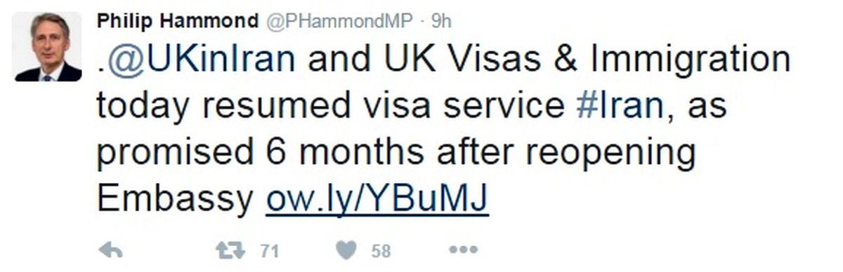 پیام توئیتری هاموند درباره صدور روادید ایرانیان +عکس