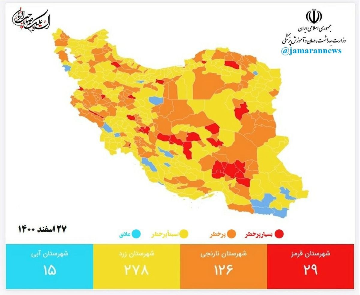 وضعیت کرونایی امروز ٢٧ اسفند /شهرهای قرمز کمتر شدند