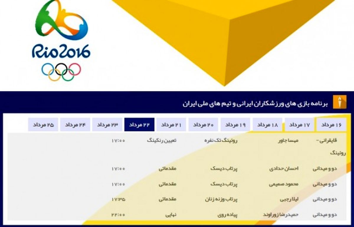 برنامه بازی های ورزشکاران ایرانی در ریو- 22 مرداد