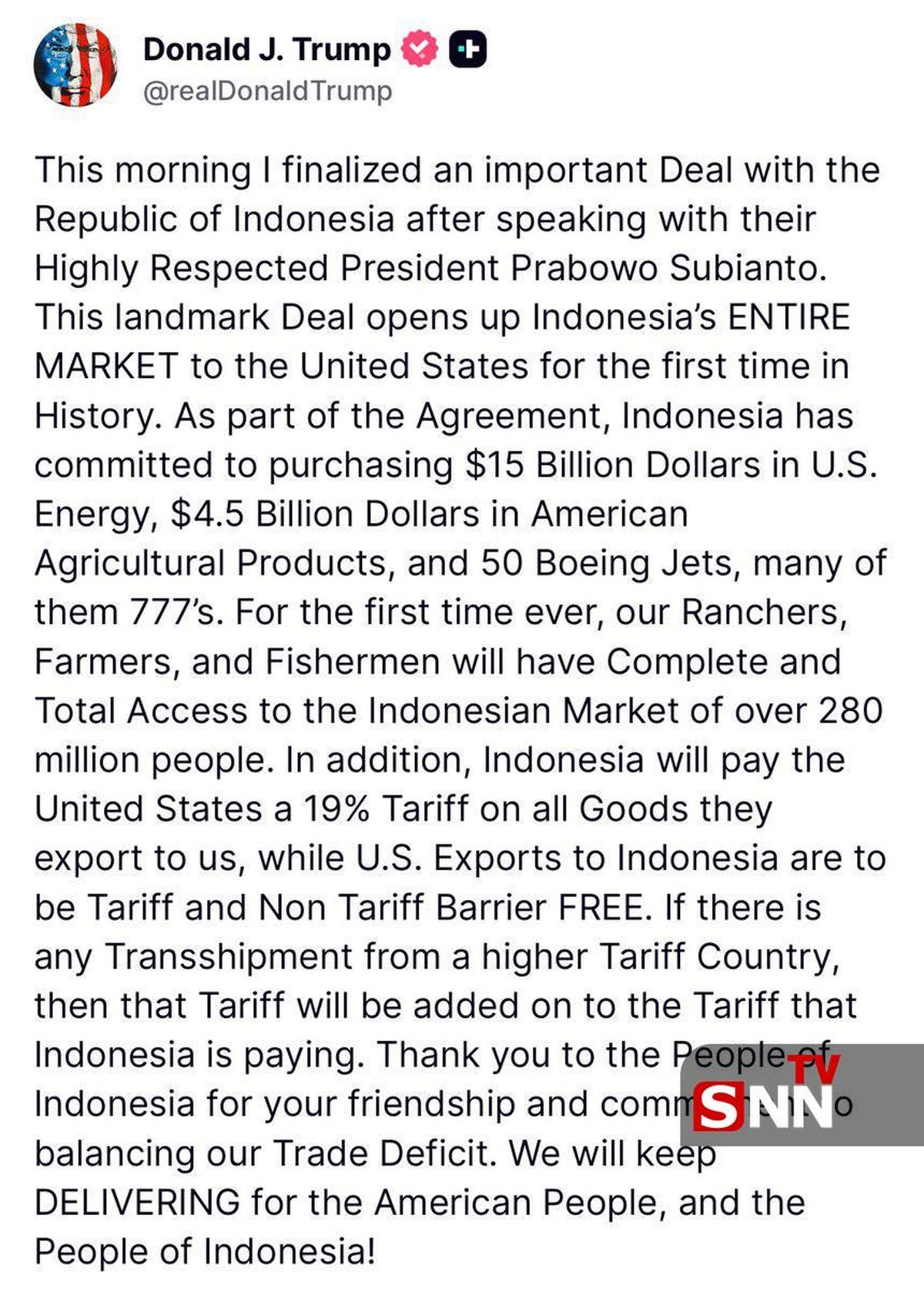 ترامپ از توافق مهم با اندونزی خبر داد