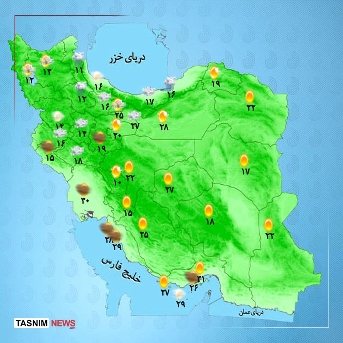 نقشه هوای استان ها امروز 15 ادیبهشت | رگبار و رعدبرق در شمالغرب | وقوع تندباد در دامنههای جنوبی البرز و تهران