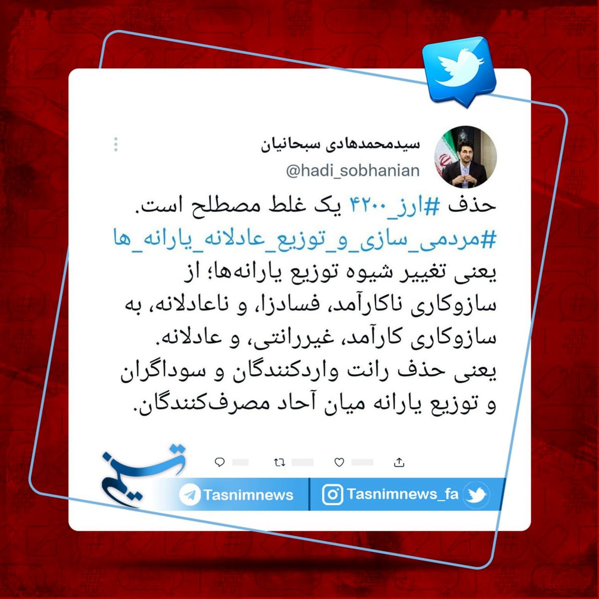 سبحانیان: حذف ارز ۴۲۰۰ یک غلط مصطلح است