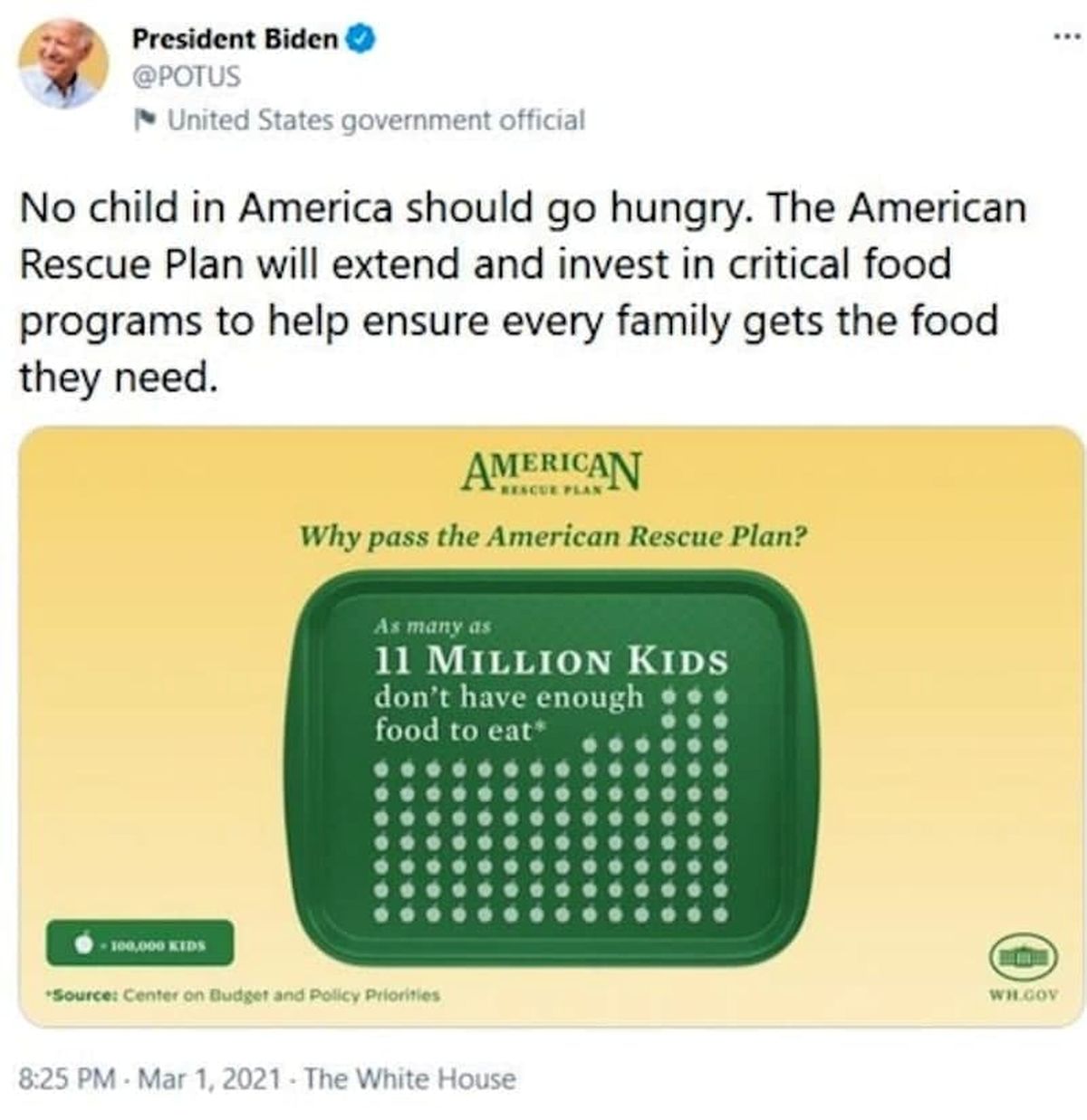  بایدن: ۱۱ میلیون کودک آمریکایی گرسنه اند
