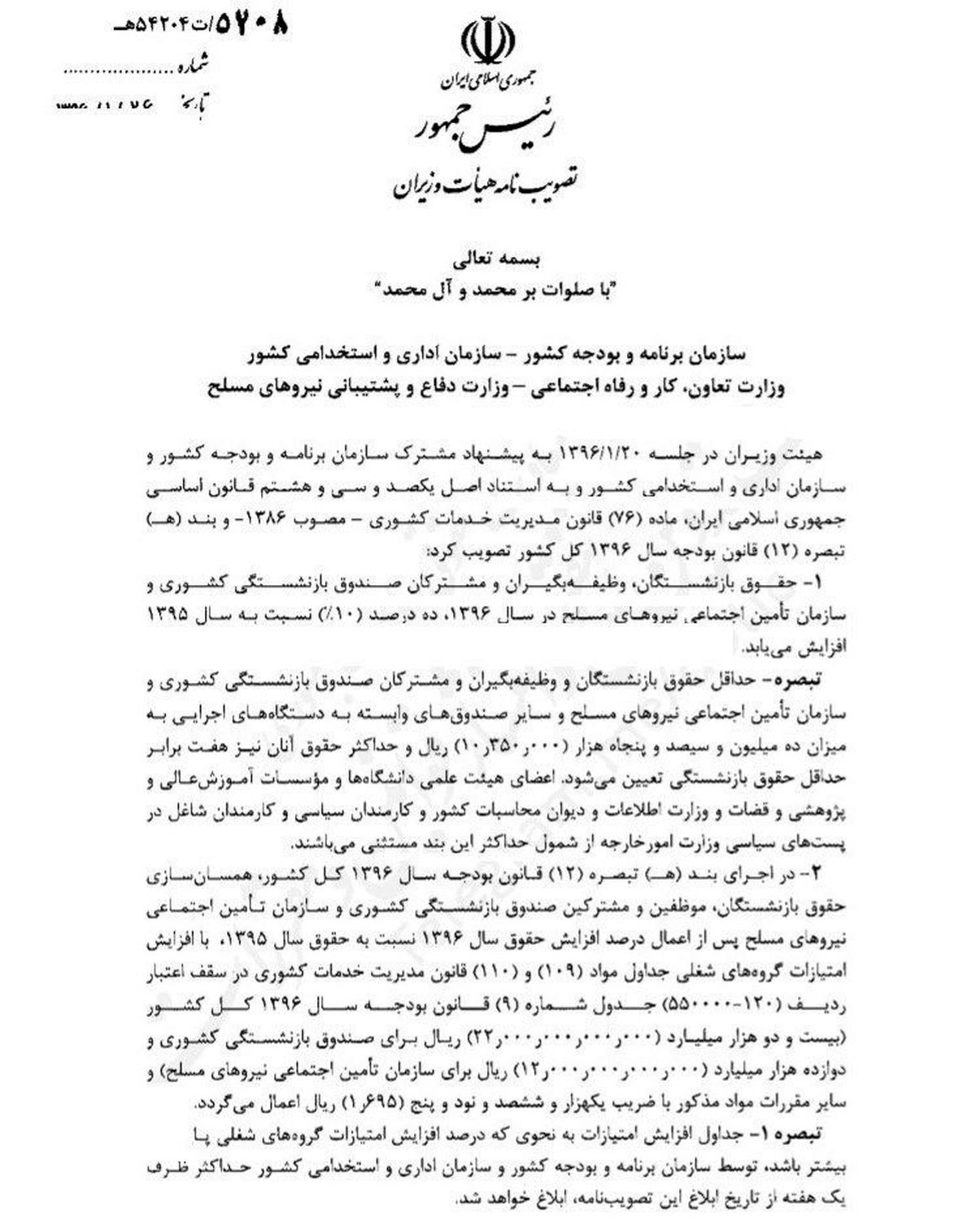 ابلاغ مصوبه افزایش ۱۰درصدی حقوق بازنشستگان +سند