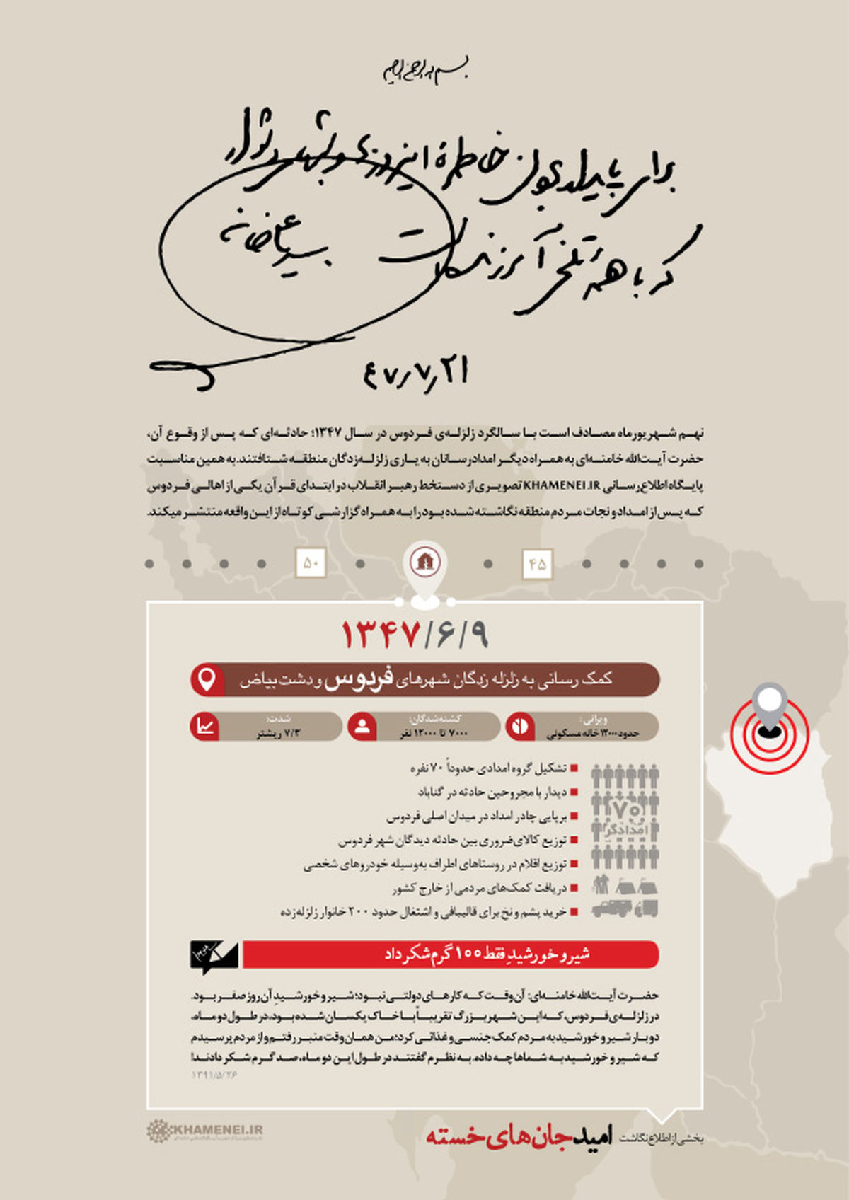 دستخط رهبری برای یکی از اهالی زلزله زده فردوس +عکس